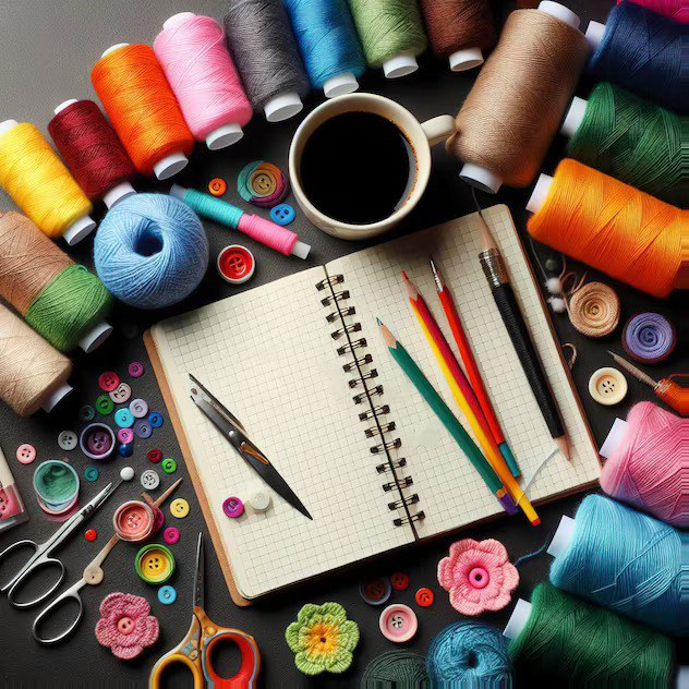 Colorful thread spools, scissors, notebook, and coffee arranged on black surface from above