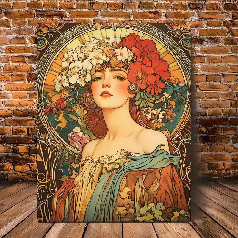 Art Nouveau style woman with flowing hair crowned by vibrant red flowers in ornate circular frame