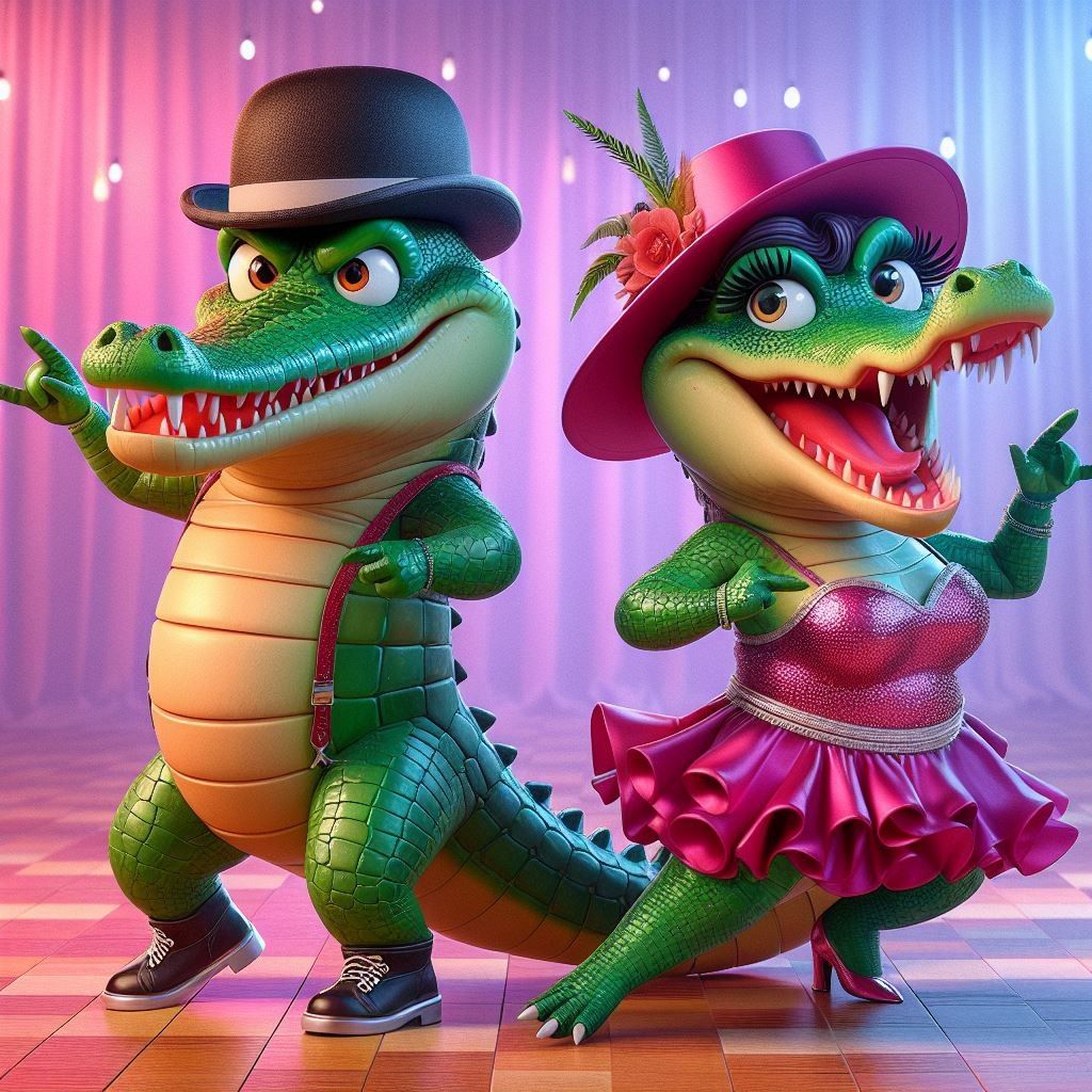 Two cartoon crocodiles in top hats and formal wear dancing together on a theatrical stage
