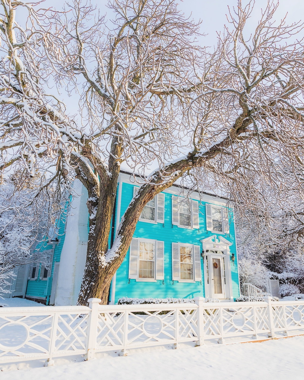 Turquoise Victorian house with white fence and snow-covered trees in winter
