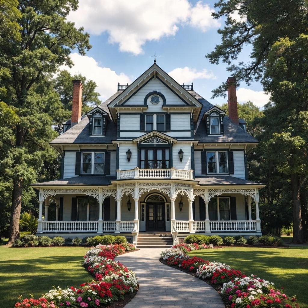 White Victorian mansion with wraparound porches and flower garden in front yard