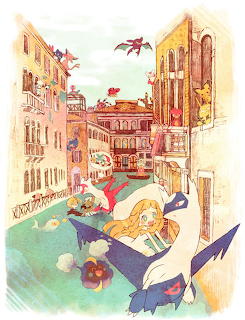 Person lying in gondola on canal with pastel buildings and red dragons flying overhead