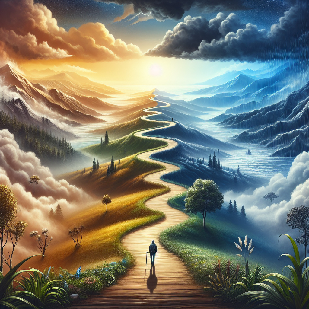 Lone figure on path dividing warm golden sunset landscape from cool blue stormy mountains in surreal digital art