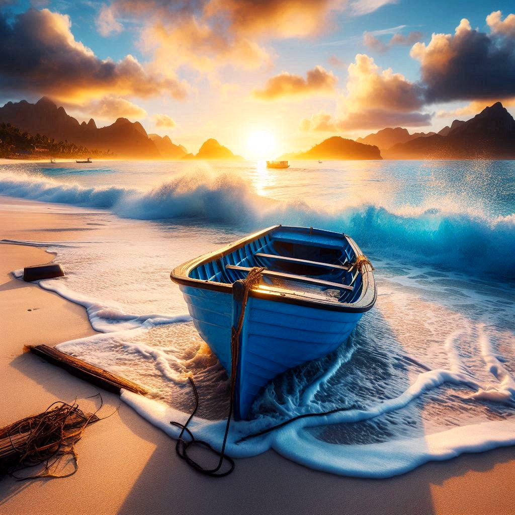 Blue wooden boat on sandy beach at sunset with dramatic cloudy sky and rocky coastline