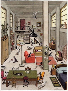 Illustration of an apartment interior with many cats on sofas, chairs, and floors across kitchen and living areas