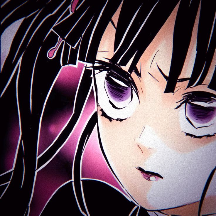 Close-up anime girl portrait with black hair and purple eyes on a purple background