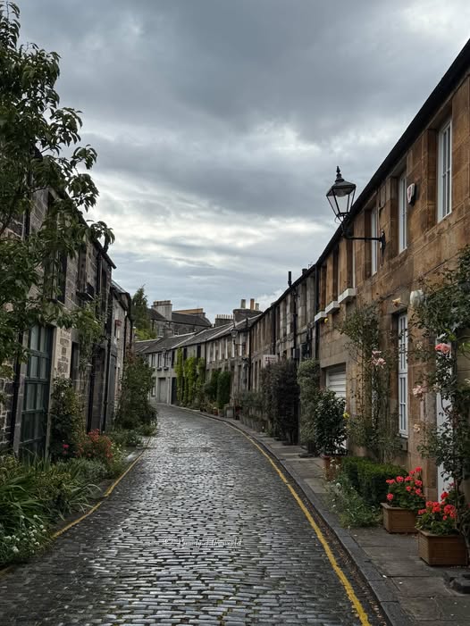 Narrow cobblestone street lined with stone buildings, lamp posts, and plants under an overcast sky
