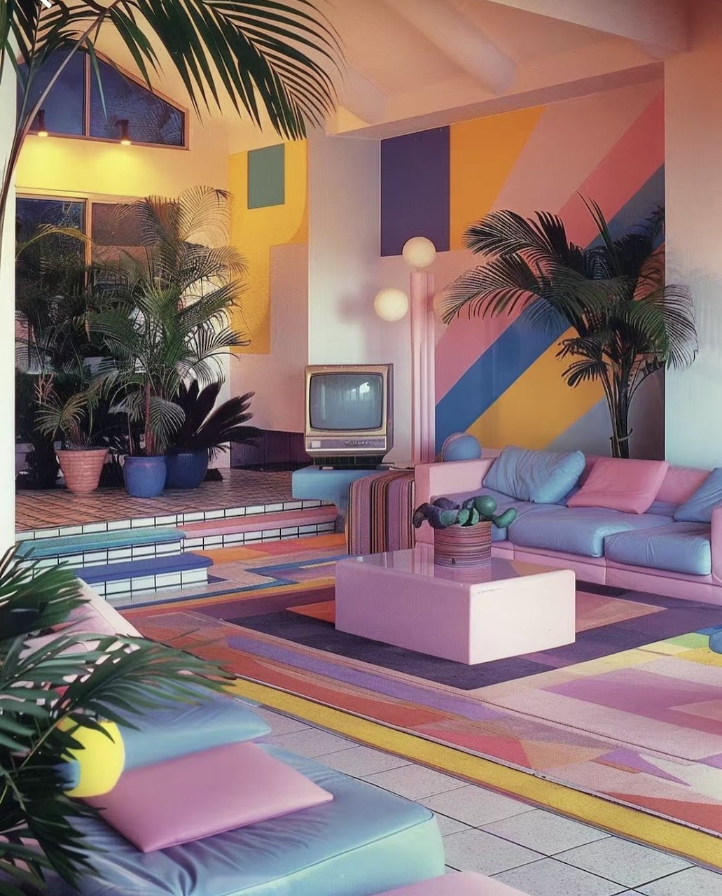Pastel 1980s living room with geometric patterns and retro furniture