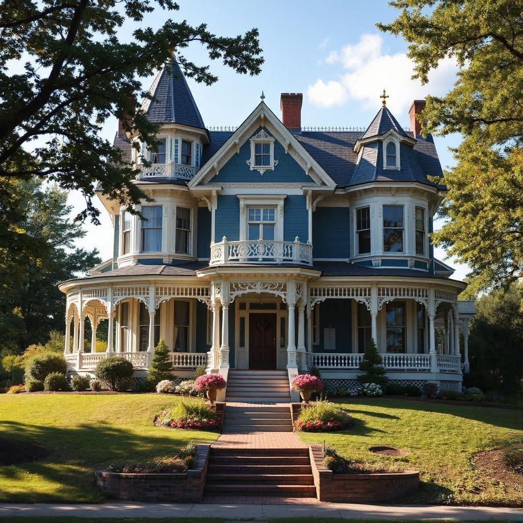 Blue Victorian house with white decorative trim, turrets, wraparound porch, and front lawn with steps