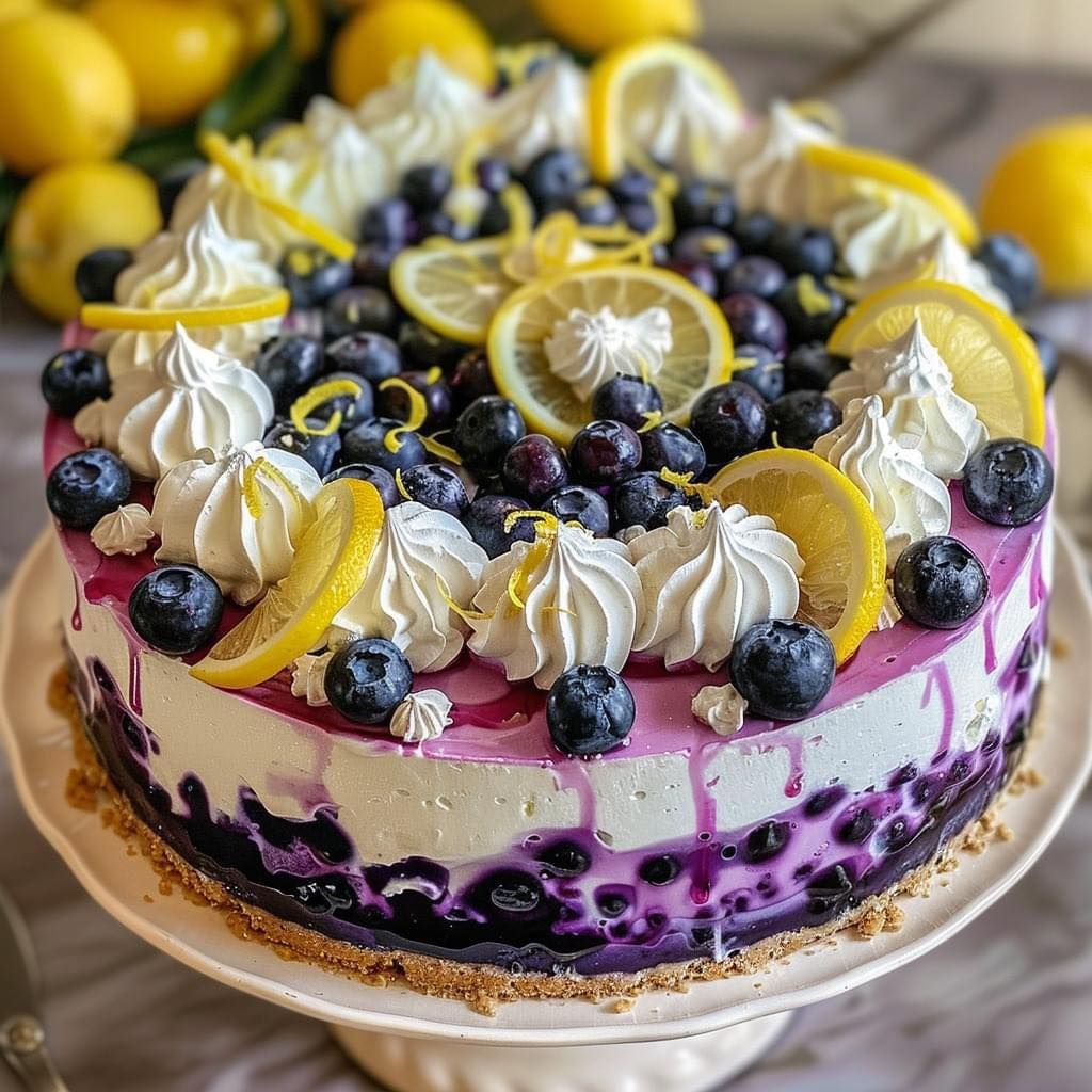 Blueberry lemon cake with whipped cream, fresh blueberries, and lemon slices on a stand