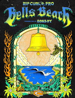 Colorful illustrated surf event poster with golden bell, ocean wave, and ornate green border design