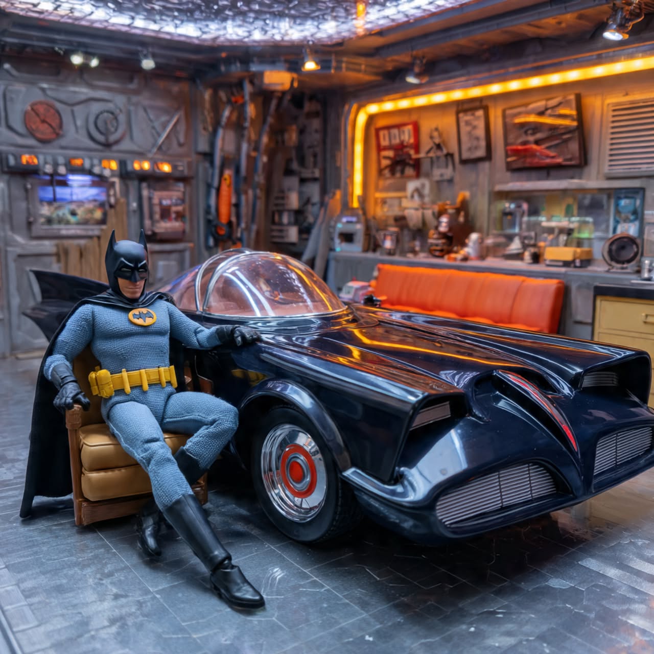 Batman figure seated next to black Batmobile in cluttered garage with posters and workshop tools