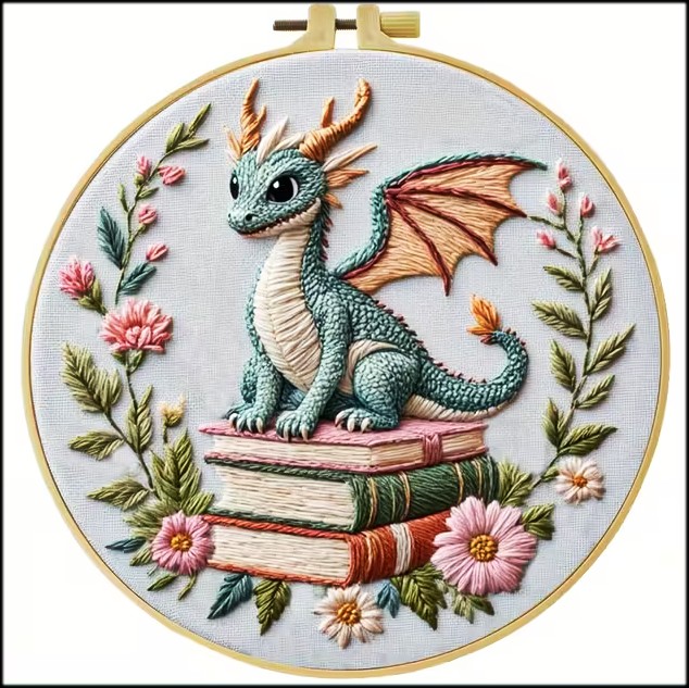 Embroidered baby dragon on stacked books in a hoop with flowers and leafy branches
