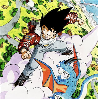 Anime character Goku riding a cloud with a blue dragon over a green landscape