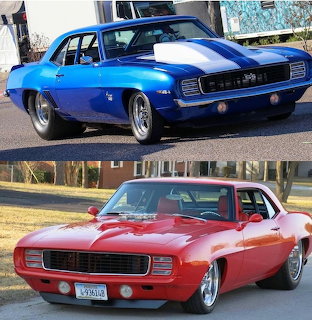 Side-by-side collage of a blue and a red 1969 Chevrolet Camaro parked outdoors