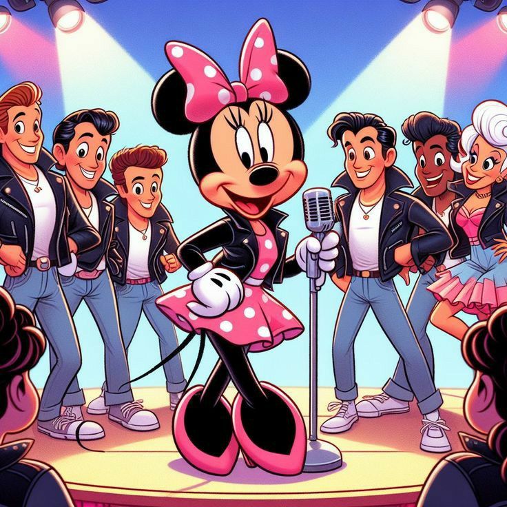 Minnie Mouse in pink dress performing on stage with microphone and backup dancers under stage lights