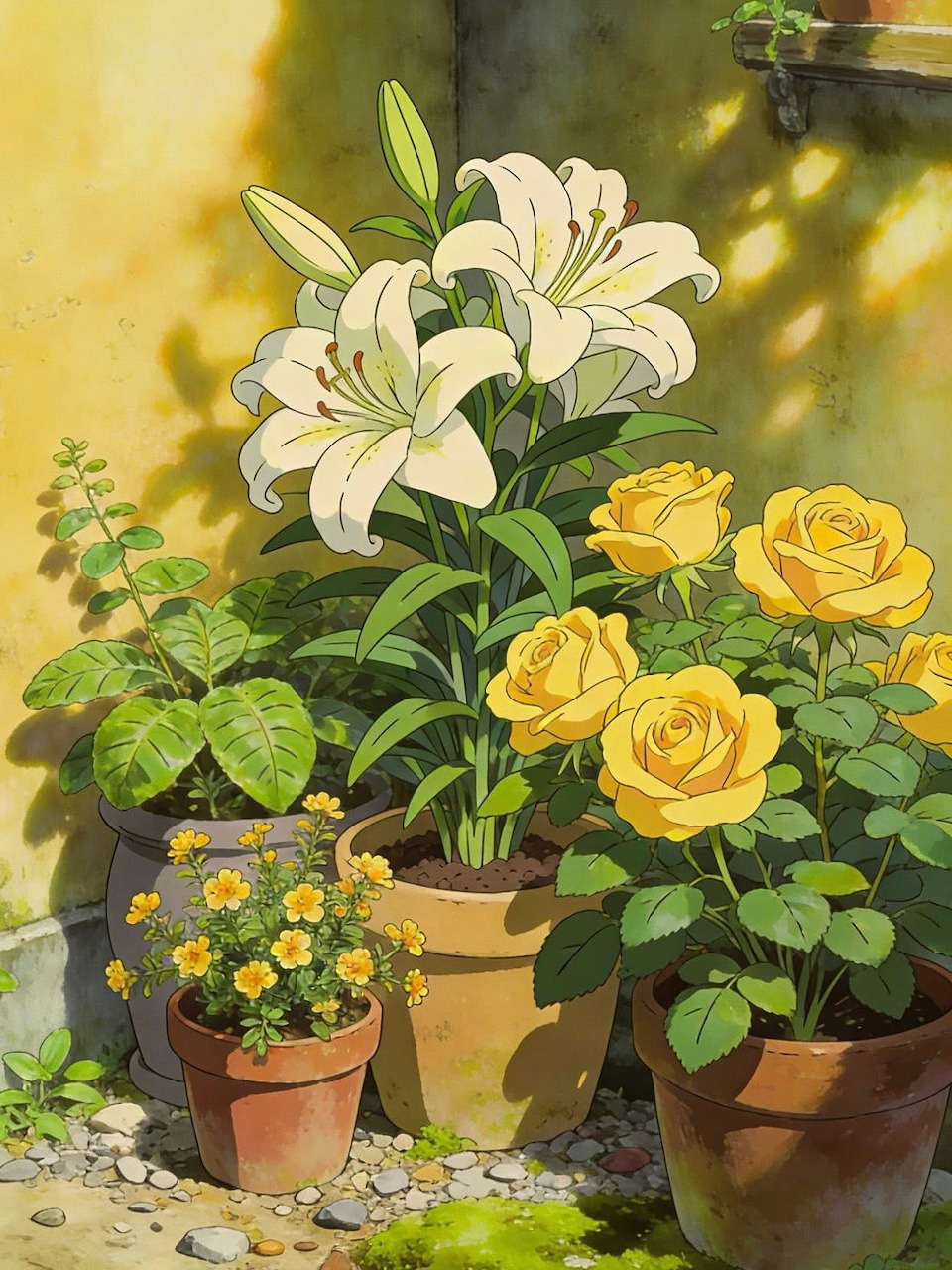 Illustration of potted white lilies and yellow roses on a sunlit patio