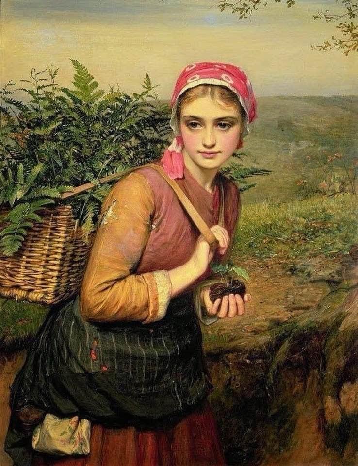 Victorian oil painting of a young woman with red headscarf carrying a wicker basket full of ferns