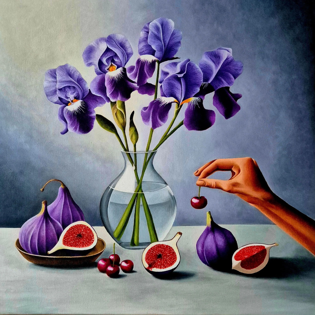 Still life painting of purple irises in vase with figs, cherries, and orange hand reaching toward fruit