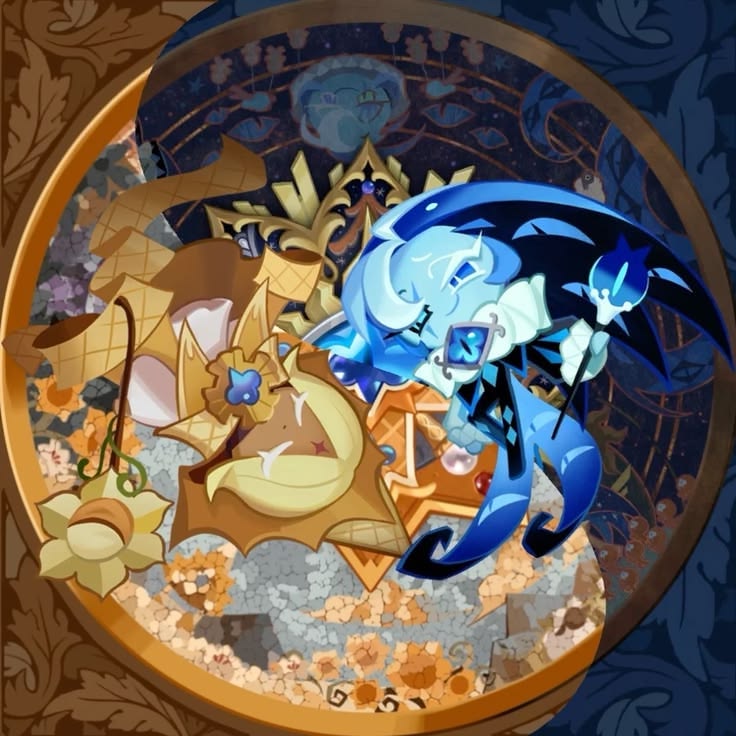 Two anime-style cookie characters in golden and blue tones arranged in yin-yang pattern with ornate frame