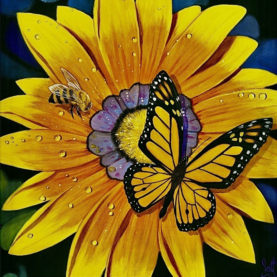 Monarch butterfly and bumble bee resting on a yellow sunflower with dewdrops