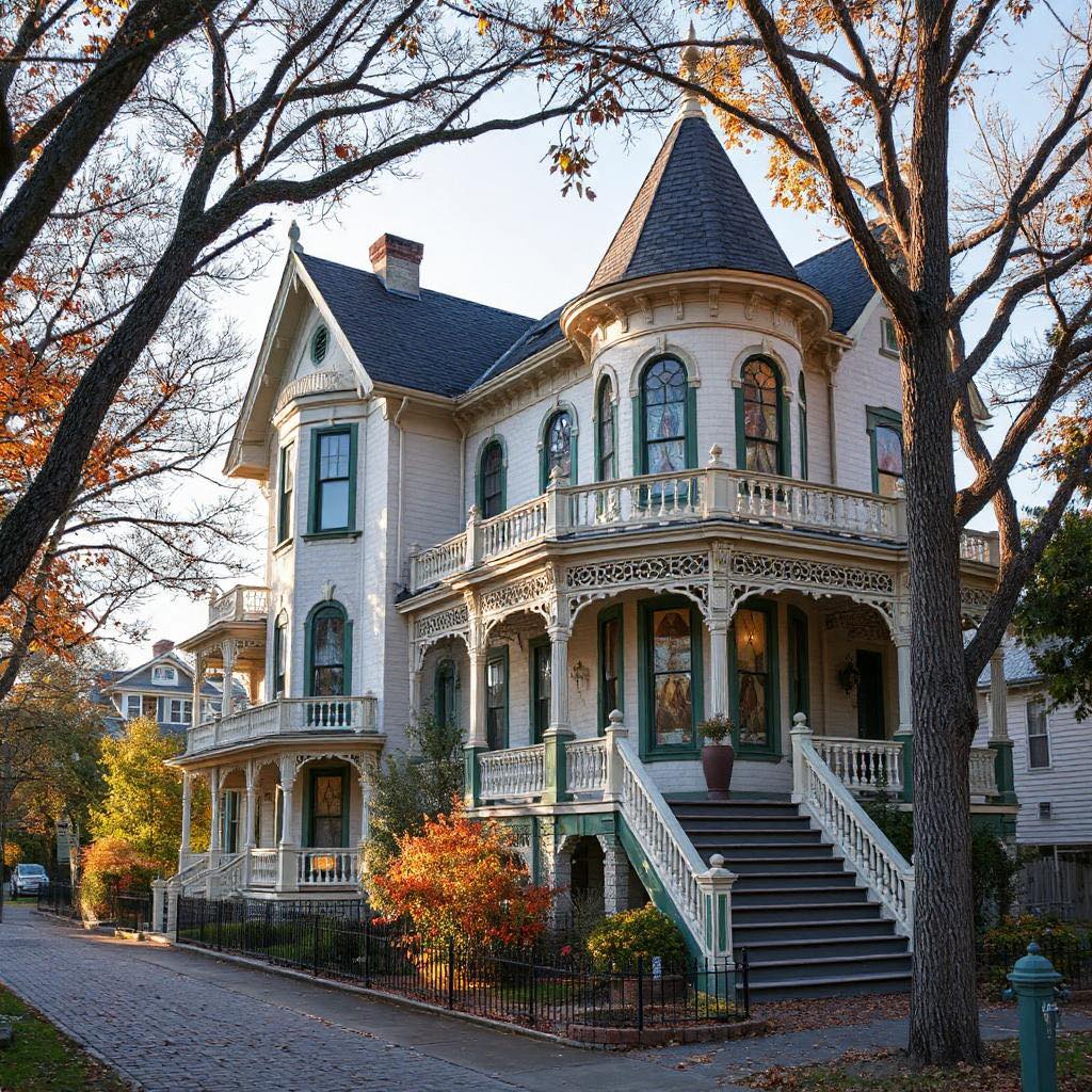 Victorian house with turret, wraparound porches, and ornate architectural details surrounded by autumn trees