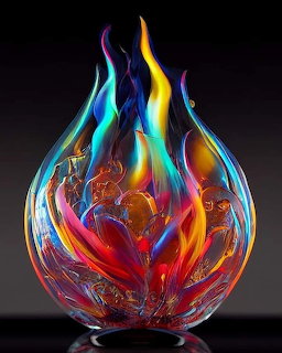 Teardrop glass sculpture with vibrant multicolored flowing flame patterns