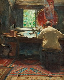 Oil painting of artist working at easel in rustic studio with window light and colorful rugs