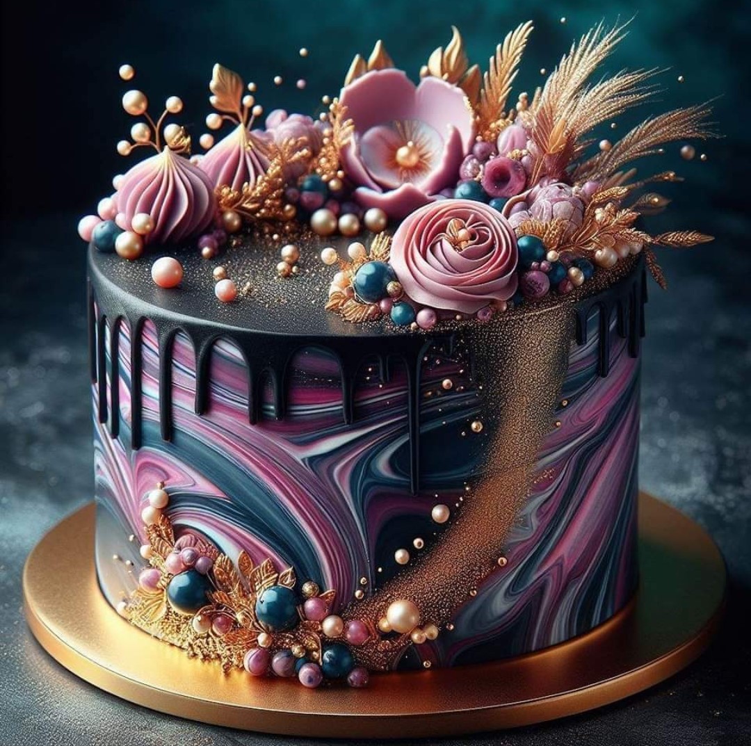 Ornate cake with marbled frosting, meringue kisses, pearl decorations, and dried botanicals on gold stand