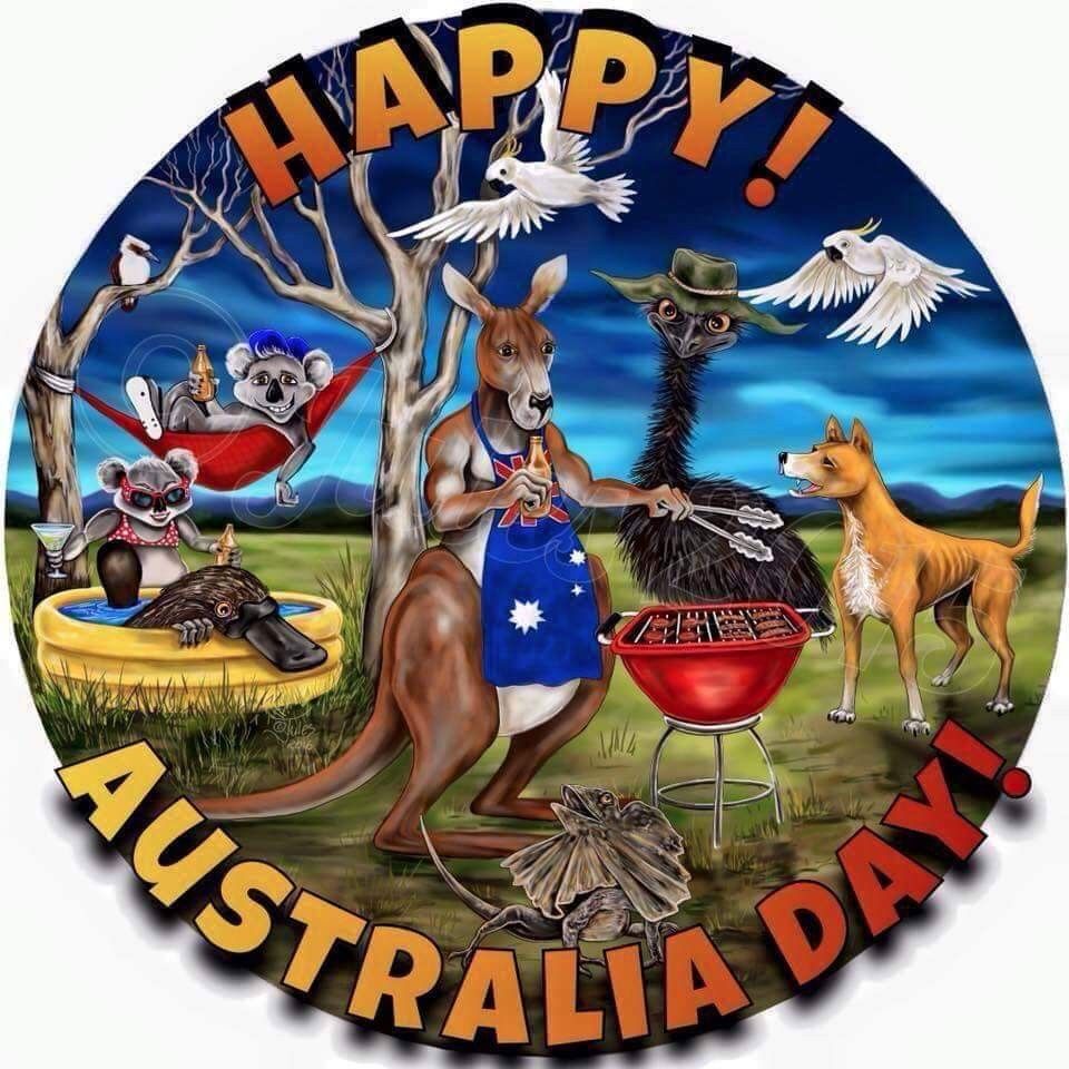Cartoon Australian animals celebrating Australia Day around a BBQ grill with flag shield