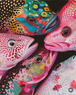 Four colorful fish with intricate patterns and spots on black background