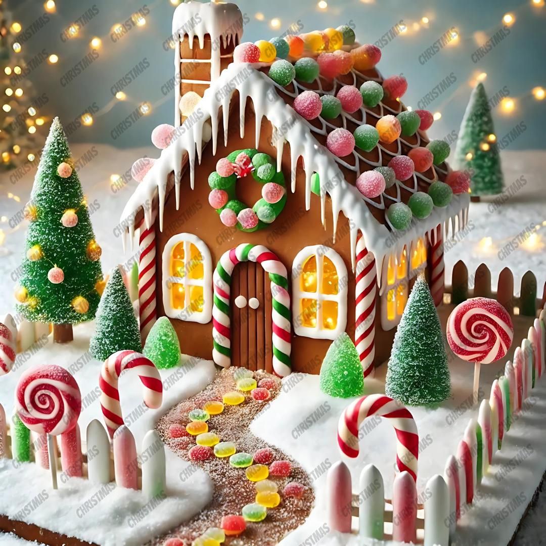Decorated gingerbread house with candy canes, lollipops, and Christmas trees in a festive winter scene