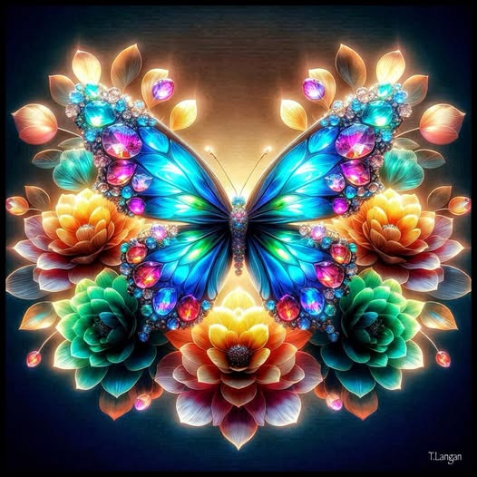 Glowing blue butterfly with jeweled wings centered among vibrant lotus flowers and gems on black background