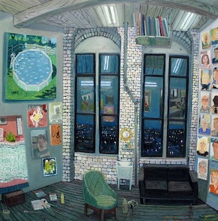 Interior of artist studio with arched windows, brick walls, mosaic tiles, and artwork