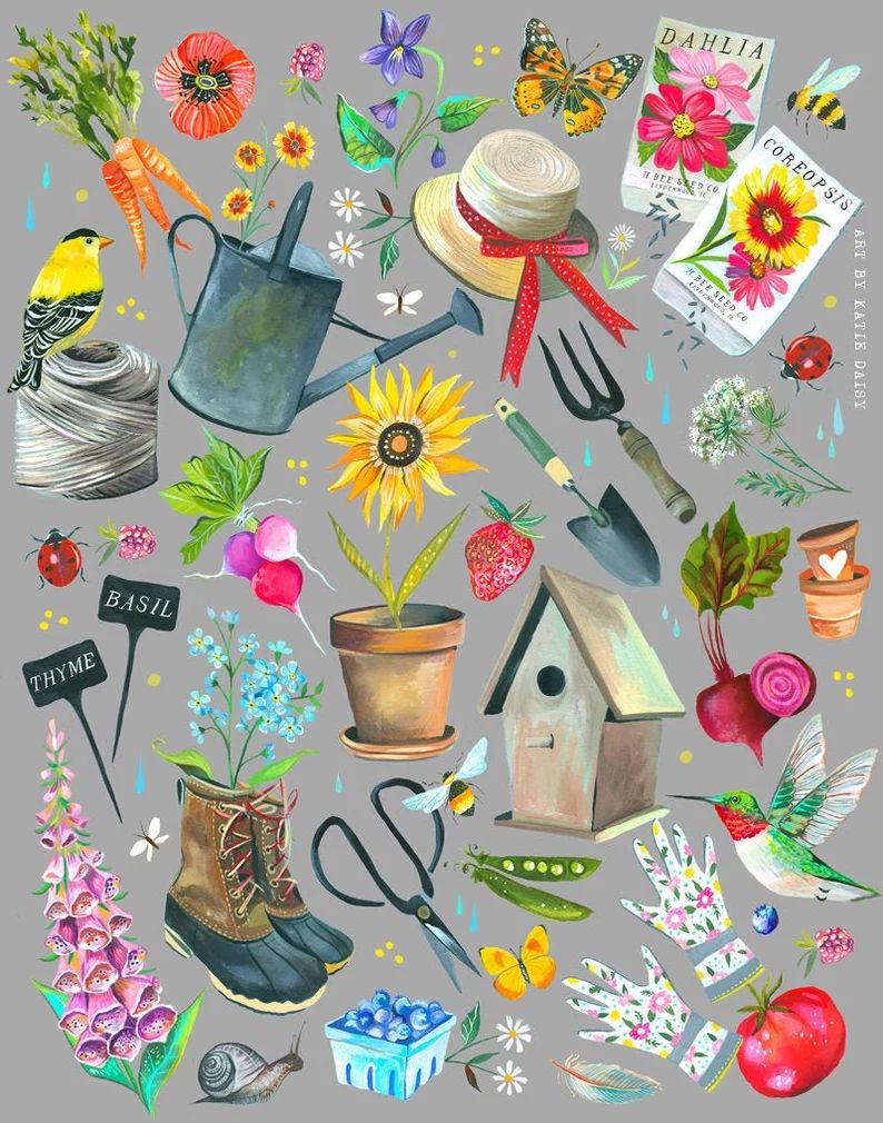 Collection of gardening tools, flowers, seeds, and accessories arranged in flat lay composition on gray surface