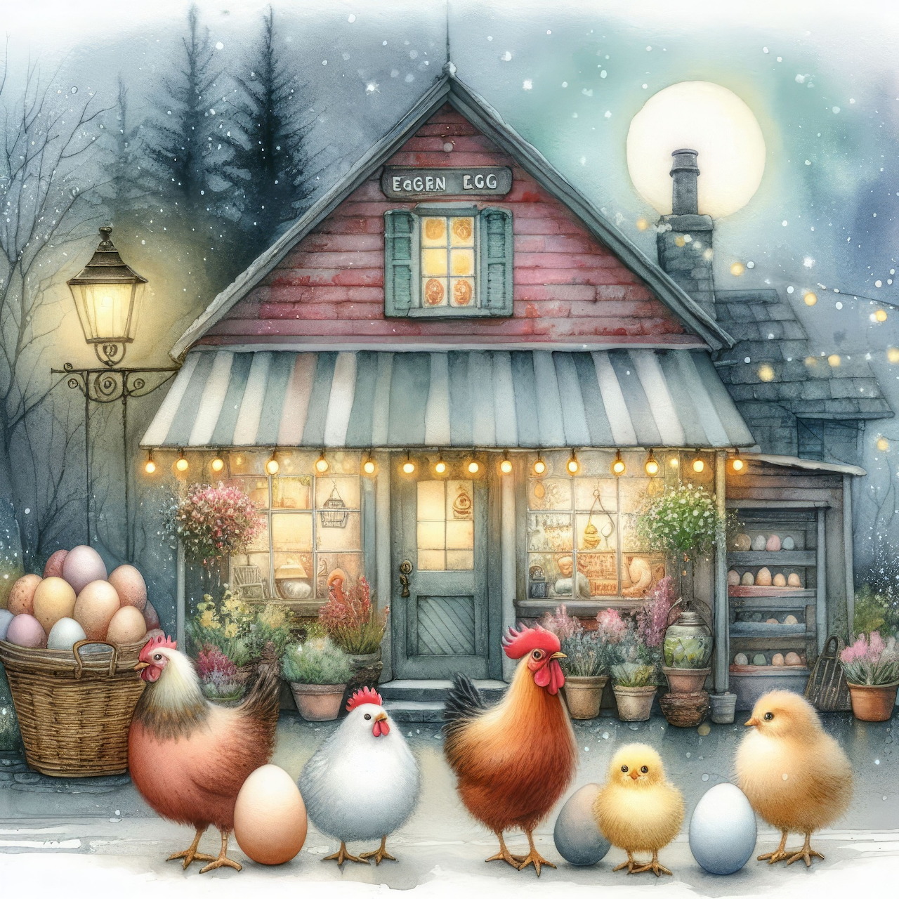 Illustration of chickens, chicks, eggs, and a lit cottage shop in a snowy winter scene