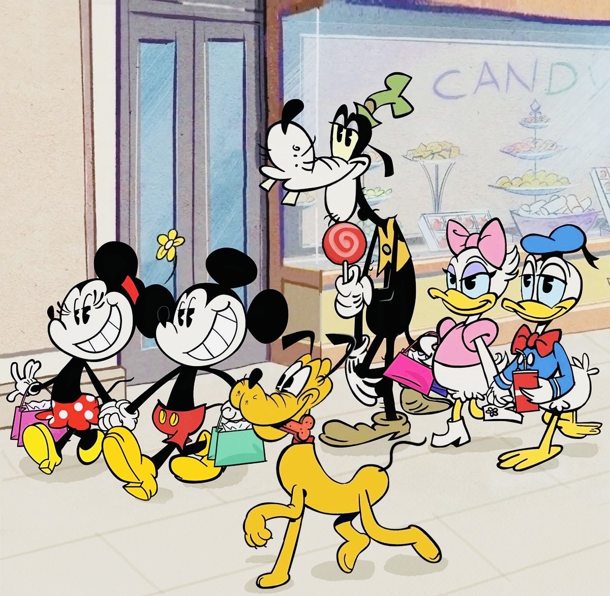 Mickey Mouse and Disney friends standing together in a room with a door and whiteboard
