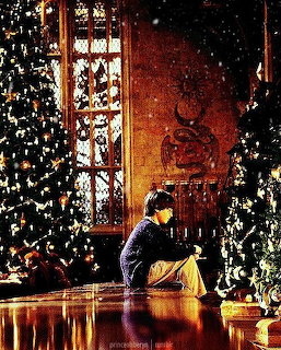 Boy sitting and reading a book beside a lit Christmas tree near a tall gothic window with falling snow