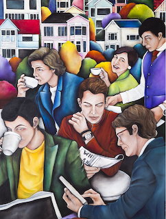 Colorful painting of people drinking coffee and reading at an outdoor café with houses behind them