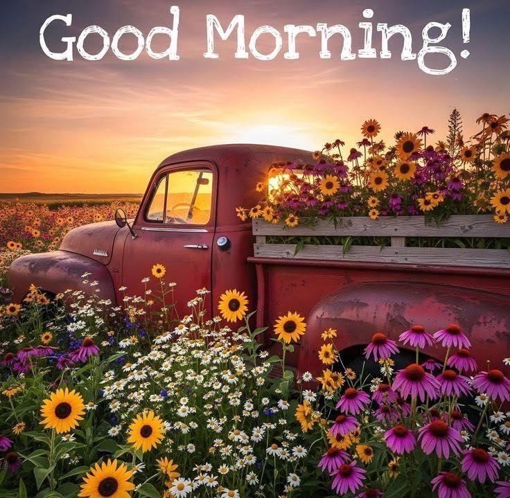 Vintage pickup truck loaded with flowers in a blooming field at sunrise with Good Morning text