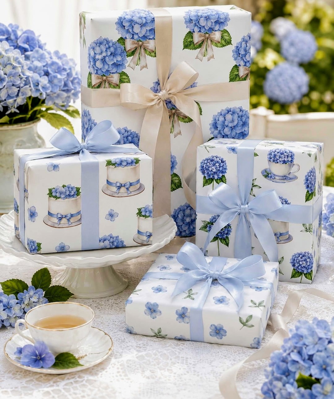 Gift boxes wrapped in white paper with blue hydrangea flowers and pale blue ribbons