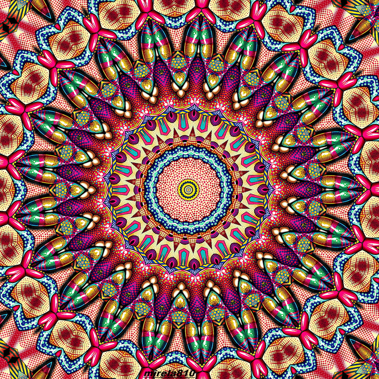 Colorful geometric mandala with radial symmetry in vibrant pink, yellow, blue and orange