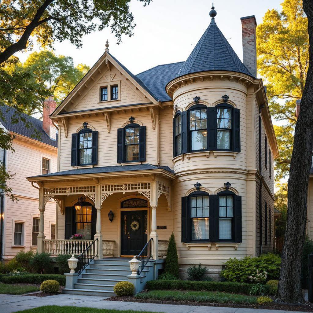 Cream Victorian house with turret, porch, and dark-trimmed windows framed by trees