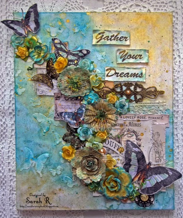 Butterfly on a decorative canvas with floral accents in soft pastel colors