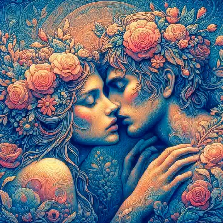 Two faces in profile surrounded by peach roses and blue floral ornaments in an ornate illustrated style