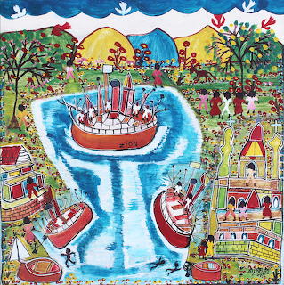 Colorful naive folk art painting of boats on water surrounded by houses, trees and people in vibrant patterns