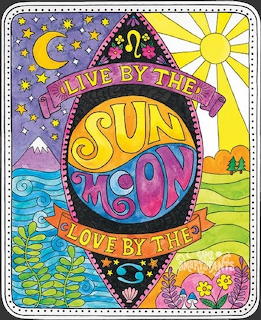 Colorful illustrated sun and moon print with stars, flowers, hills, and decorative text