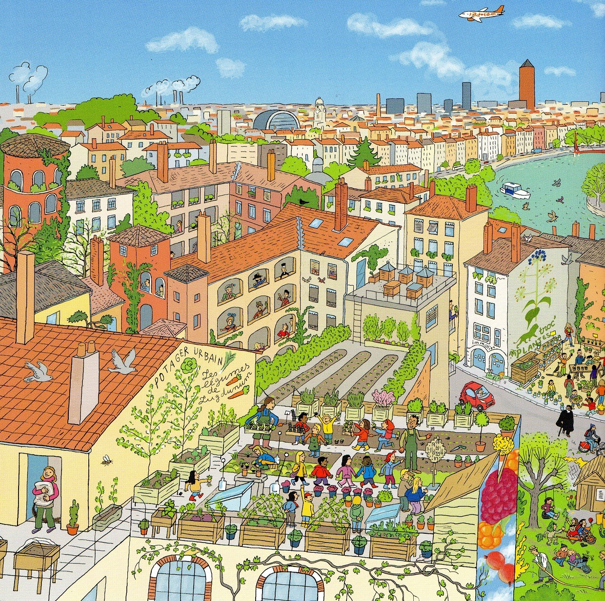 Illustrated aerial view of Lyon city with orange rooftops, river, and urban skyline