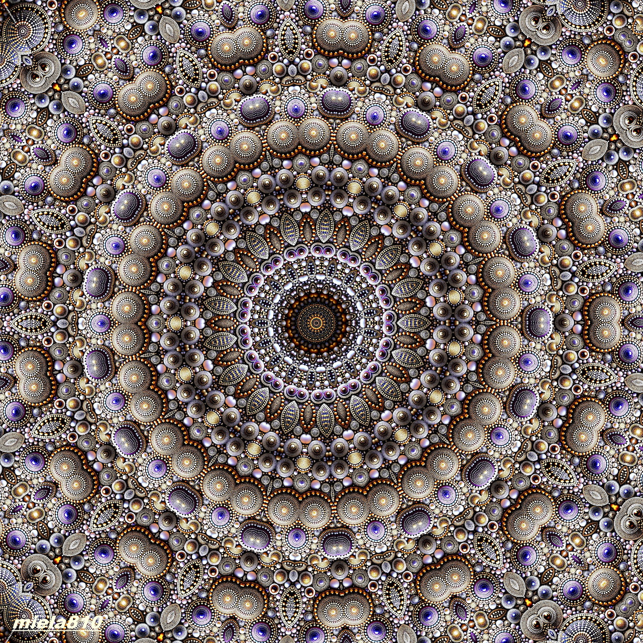Ornate mandala with pearl spheres and metallic accents in concentric circles