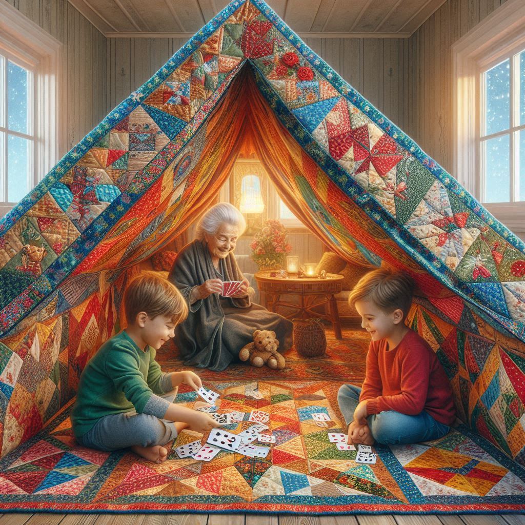 Grandmother and two boys inside a colorful quilt tent, playing cards on a patchwork floor